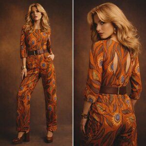 Vintage Womens Jumpsuit 1970s Orange with Flower Top Bottoms sz M Medium